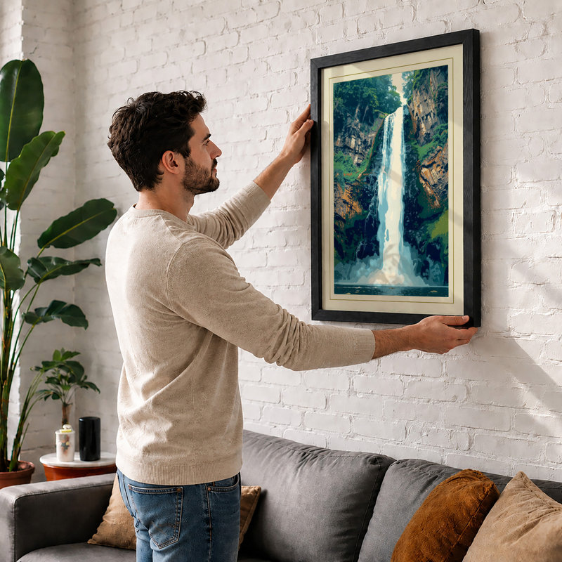 Waterfall In Wilderness Scandinavian - Print, Black, A4 - 29.7 x 21.0 cm