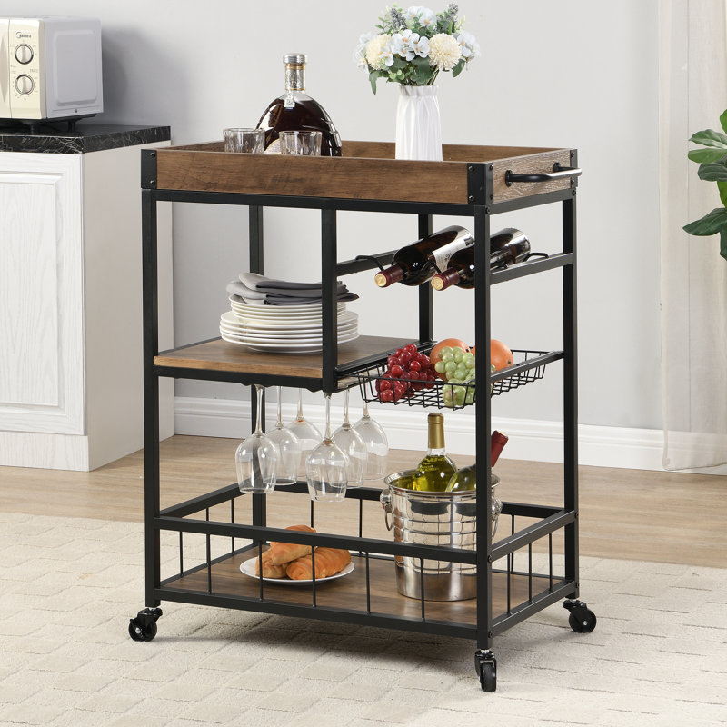 Industrial Drinks Trolley Bar Cart with Removable Tray, Wine Rack & Glass Holder