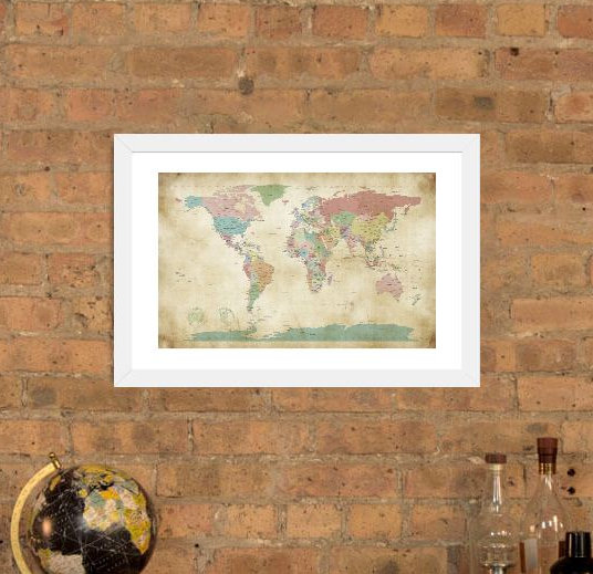 « world villes map » par michael tompsett-impression sur image, H 16 po x l 24 po x P 1 po, Papier encadré blanc