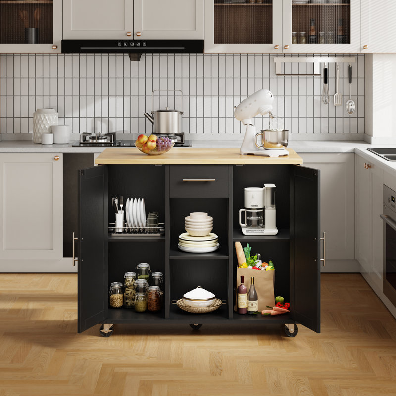 Chariot roulant pour îlot de cuisine avec plateau de boucher - Poste de travail portatif avec tablettes de rangement et roulettes verrouillables