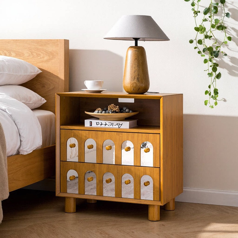 26.7" Modern Nightstand with Mirrored Drawer Fronts, Built-In Charging Station, 2 USB Ports & 2 AC Outlets, Beige