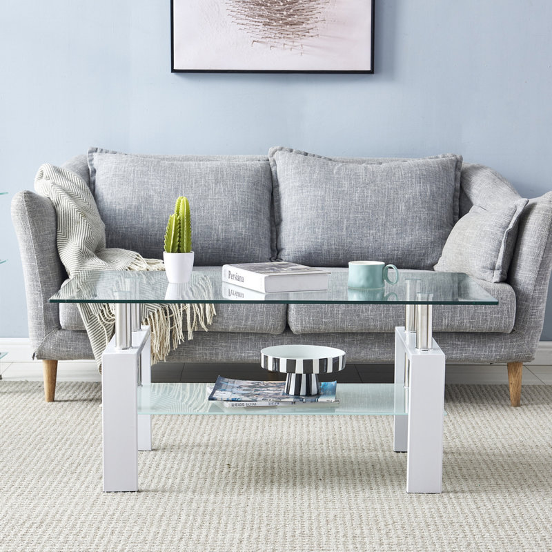 Table basse à 4 pieds avec rangement Alla, H 16,93 po x L 39,37 po x l 23,62 po, Transparent, Blanc