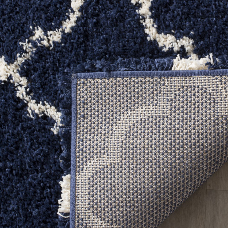 Tapis à poil long à motif géométrique gris, Tapis de couloir 2 pi 3 po x 12 pi, Bleu marine / ivoire
