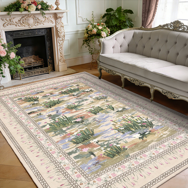 Washable Rug for Living Room, Soft Non Slip Floral Bedroom Rugs, Water Lily Pond Cute Nursery Rug, Large Low Pile Stain Resistant Farmhouse Rugs