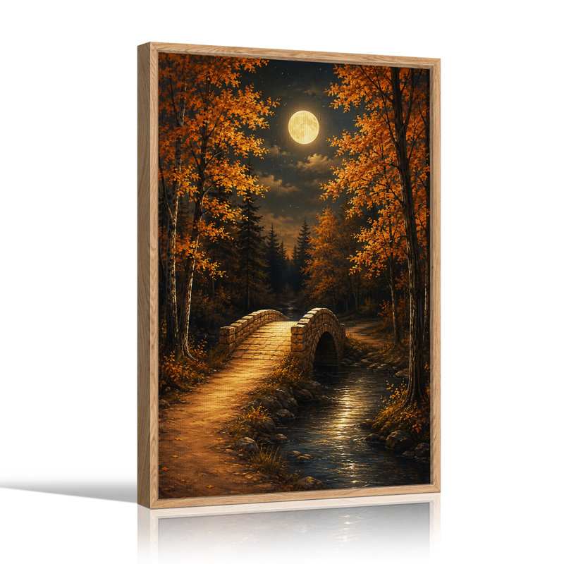 «Stone Bridge Over Stream In Moonlit Autumn Forest», art mural sur toile, H 36 po x l 24 po