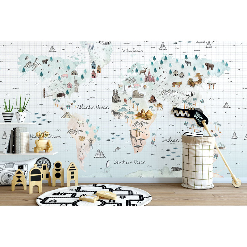 Soft World Map Little Animals And Famous Landmarks Wallpaper, Blue, 9" L x 15" W