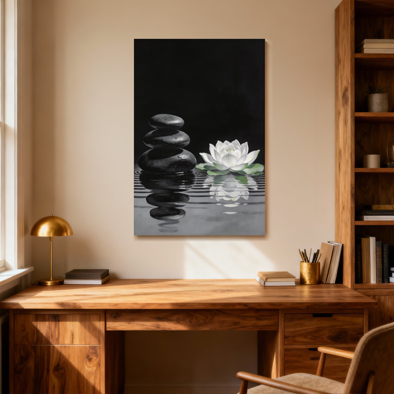 Abstrait, pierres noires, lotus blanc, reflet de l'eau, scène de jardin zen paisible