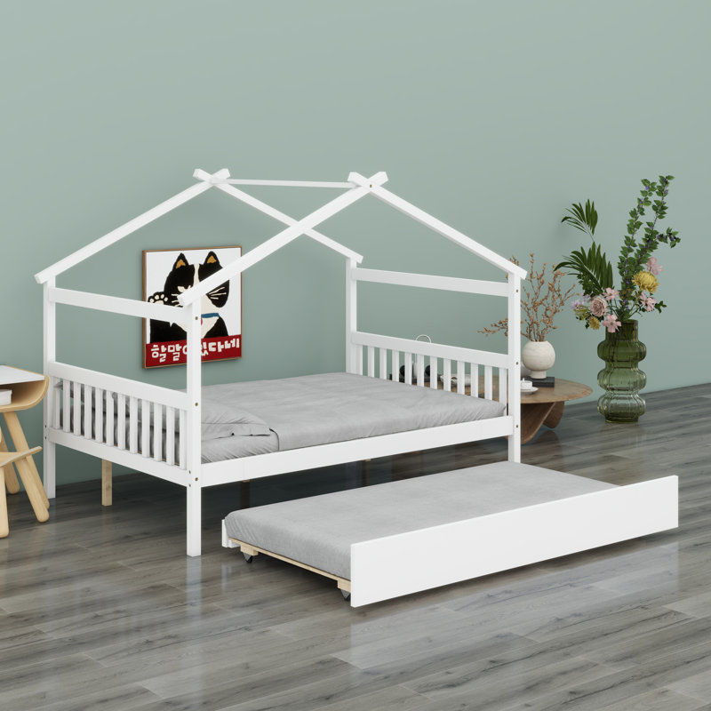 Lit en bois avec lit gigogne simple, Blanc