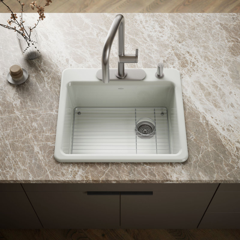 Riverby 25" L x 22" W x 9-5 8" Bar Kitchen Sink with Basin Rack, Almond, 4 holes