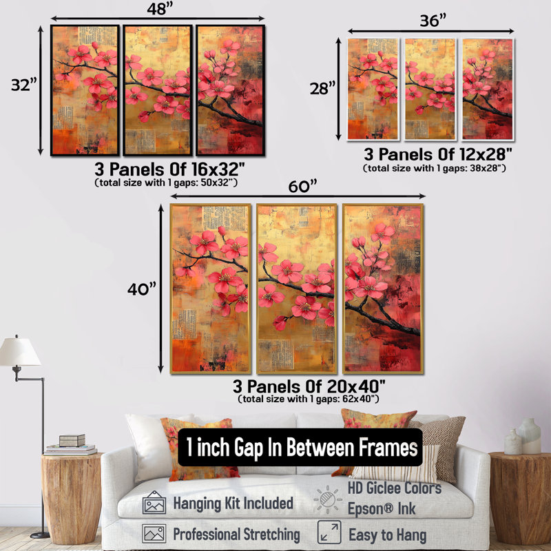 «Cherry Blossom I», art mural rose et rose, H 28 po x l 36 po x P 1 po, Toile avec cadre flottant noir