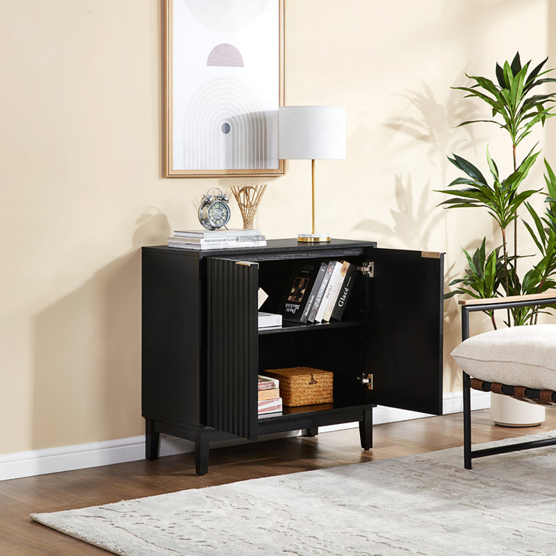 Mid-Century Modern 2 Door Storage Cabinet With Fluted Fronts, Black