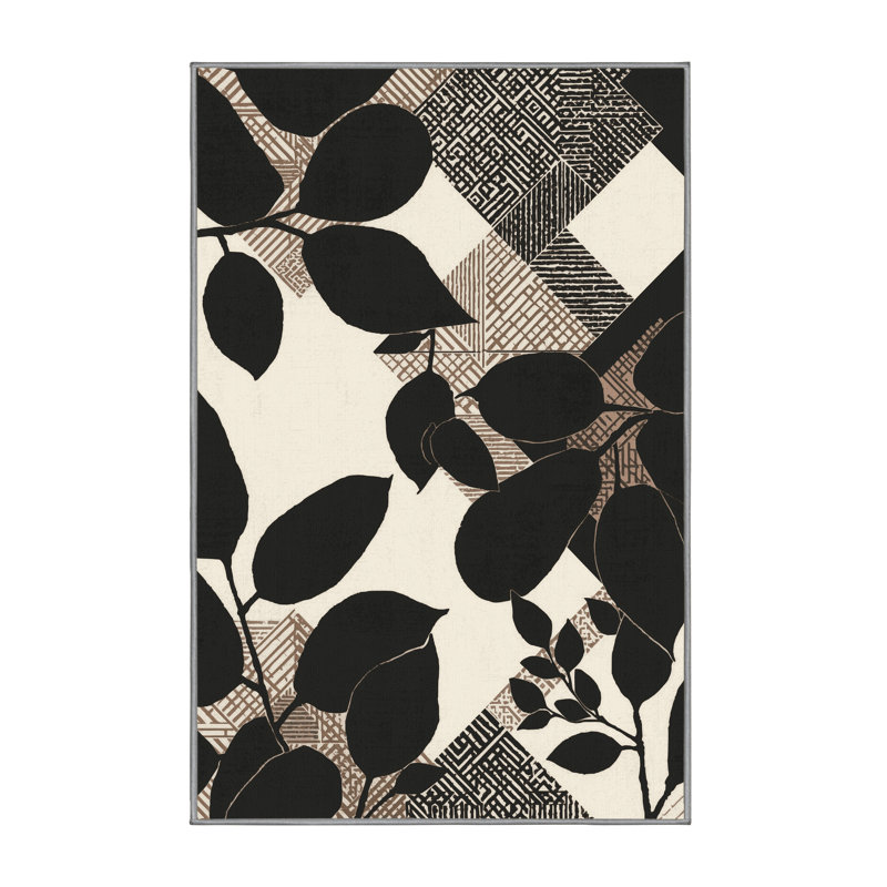 Machine Washable Ottwell Ginger Plant Global Inspired Geometric Rug in Brown – Gray Binding, 2x3