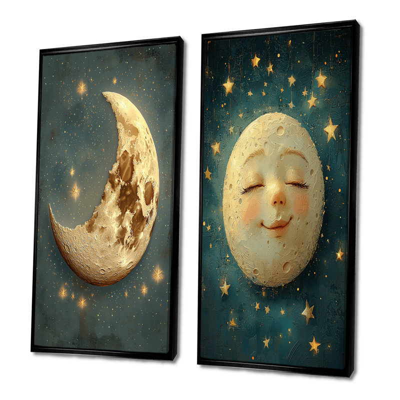Sleepy Moon I - Ensemble de 2 pièces d'art mural pour chambre de bébé, H 28 po x l 24 po, Cadre flottant noir