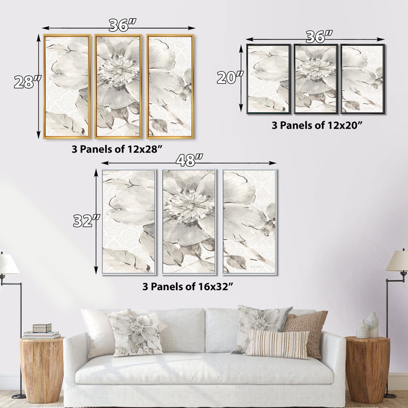 Indigold gris pivoines II - ensemble d'art mural sur toile traditionnel encadré de 3, H 32 po x l 48 po x P 1 po, Cadre brun