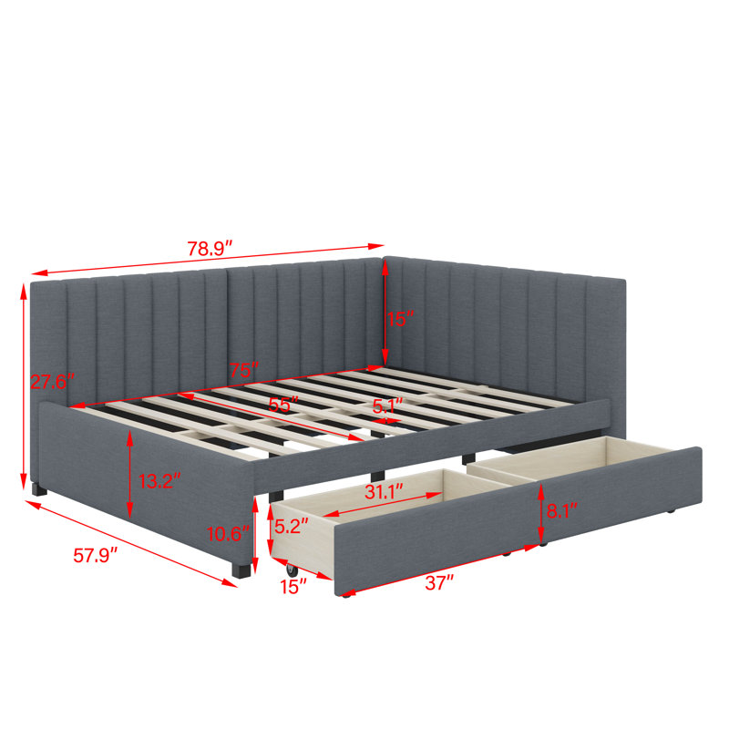 Full Size Upholstered Daybed With Drawers, Gray