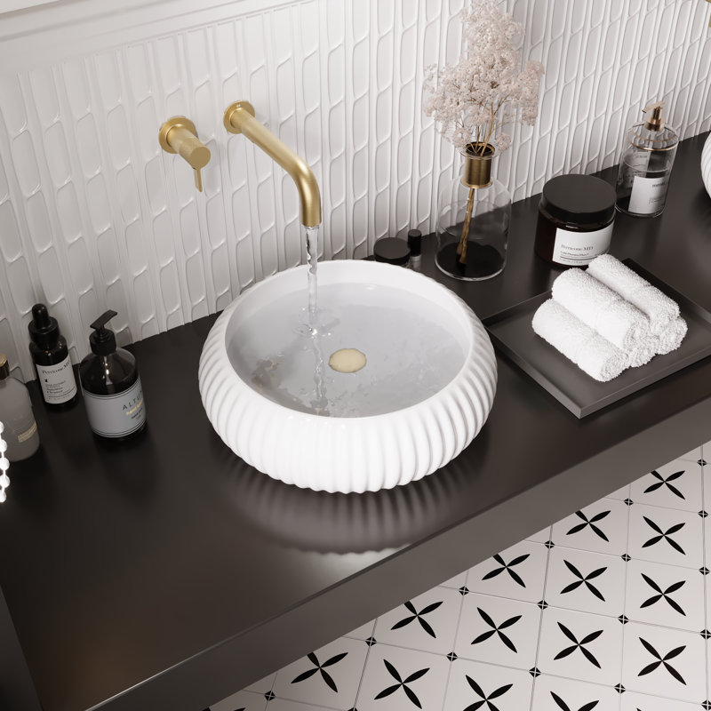 Lavabo de salle de bain DeerValley 16 po x 5 po, lavabo vasque circulaire en céramique blanche, vasque vasque en porcelaine vitrifiée avec parois cannelées et trop-plein