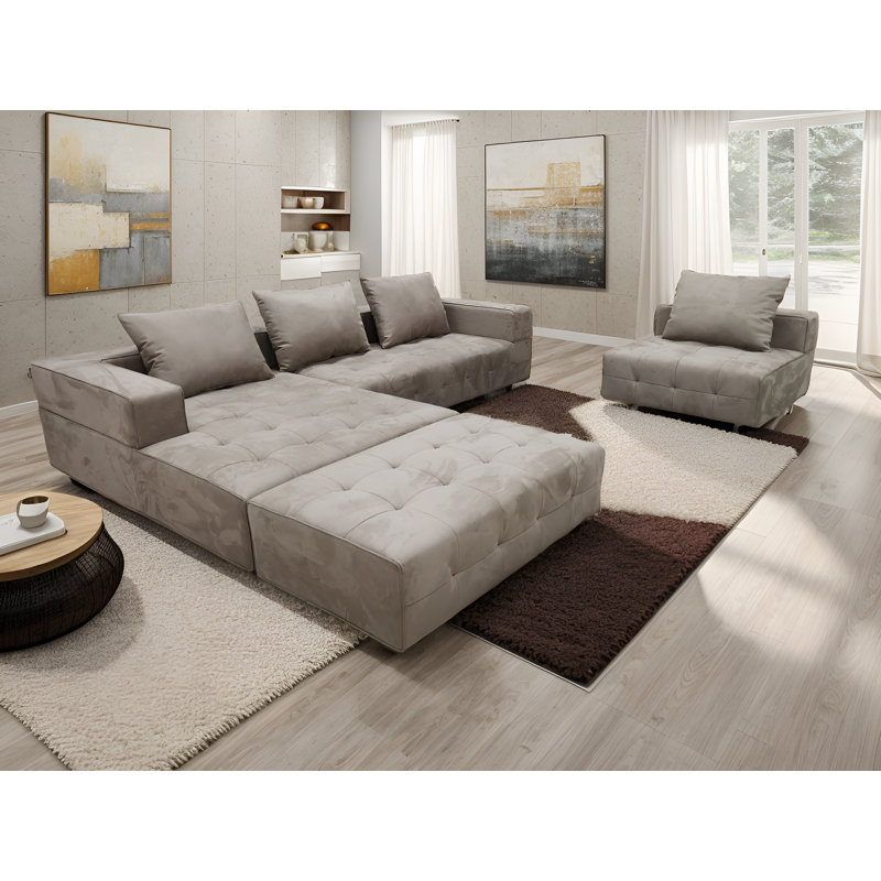4 - Piece Upholstered Sectional, Beige Microfiber/Microsuede, Left Hand Facing