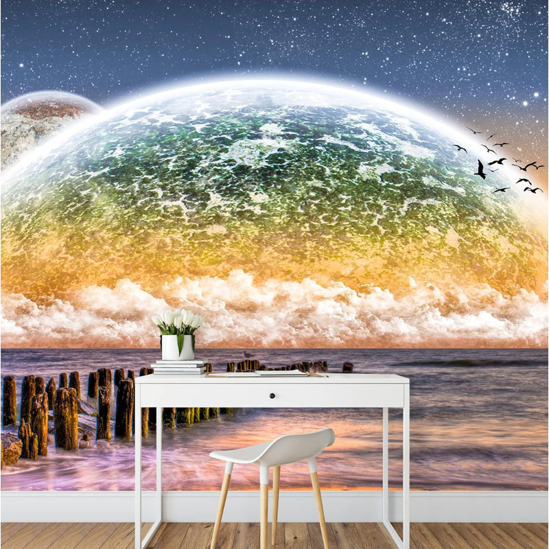 Cosmique, planète, éclipse, plage, océan, nature, photographie, paysage rustique, décoratif, L 66 po x l 96 po