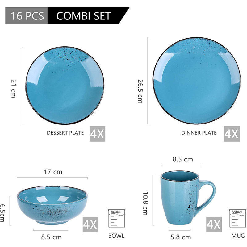 Aagman Dinnerware Set 16 Piece - Service for 4, Sea Blue