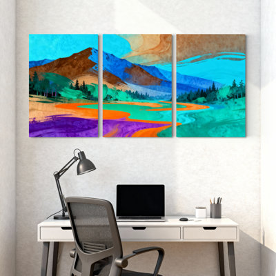 Ensemble de 3 impressions d'art sur toile, paysage de montagne coloré avec des reflets d'eau abstraits