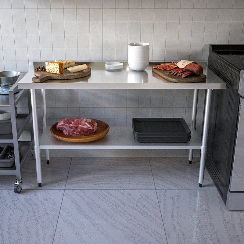 Table de préparation en acier inoxydable avec tablette réglable et pieds galvanisés, table de travail commerciale robuste pour la cuisine, la maison, le restaurant et l'hôtel