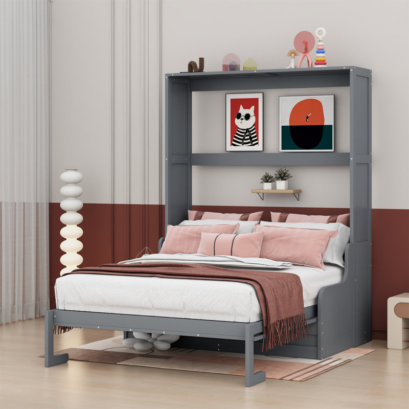 Grand lit escamotable mural avec coussin, Gris