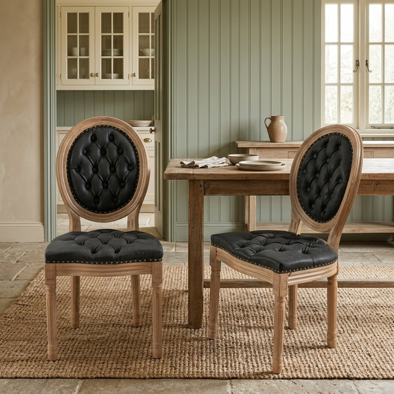French Country Oval Back Solid Wood Upholstered Dining Chairs with S-Spring Cushion, Set of 2, Simili cuir, Noir