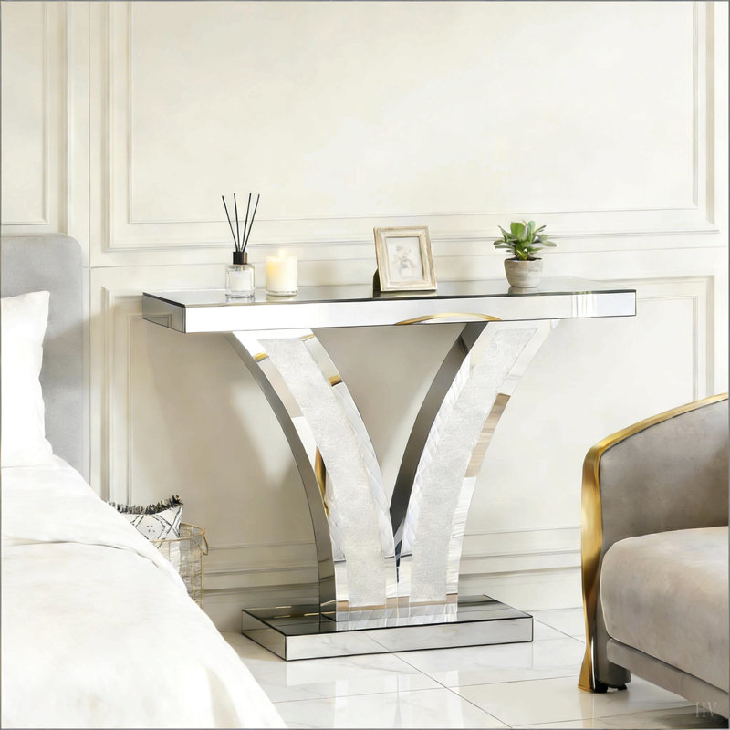 Table de vestibule en forme de V, table d'appoint en miroir, console