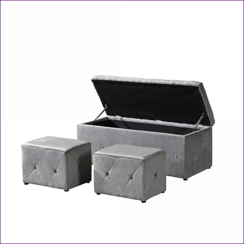 Ensemble de repose-pieds rectangulaire 3 pièces en velours gris clair | Structure en bois | Accents noirs