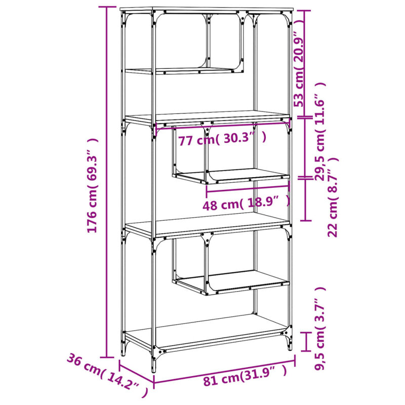 Emille 176cm H x 81cm W Steel Geometric Bookcase, Smoked Oak