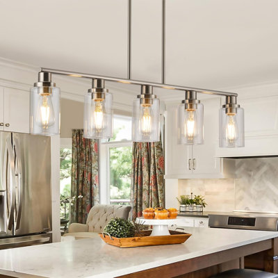 Lustre de style maison de campagne 6 lumières avec abat-jour en verre transparent, luminaire suspendu à hauteur réglable pour la cuisine, la salle à manger et le salon, compatible avec les ampoules E26, fini noir mat et or