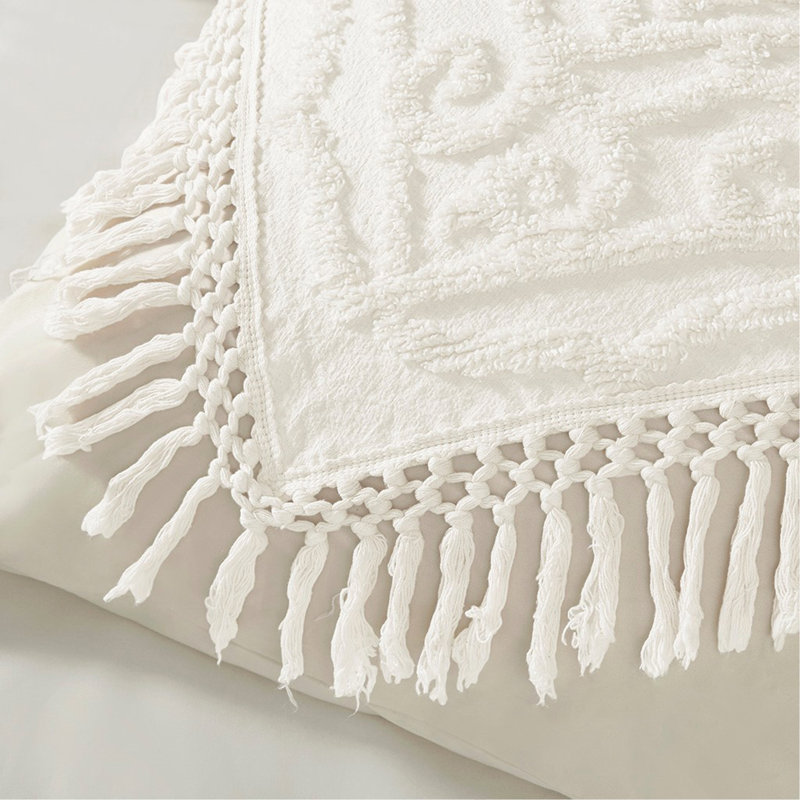 Mini ensemble de couvre-lit touffeté en coton et médaillon à franges, Couvre-lit double / couvre-lit + 2 taies décorati