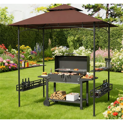 2-Tier Outdoor BBQ Gazebo,BBQ Grill Gazebo,With 2 Side Shelves,Storage Baskets,Ceiling Hook