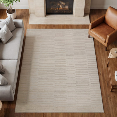 Tapis d'intérieur à poils longs et doux, tissé à la machine, texture à chevrons horizontaux, beige sable chaud