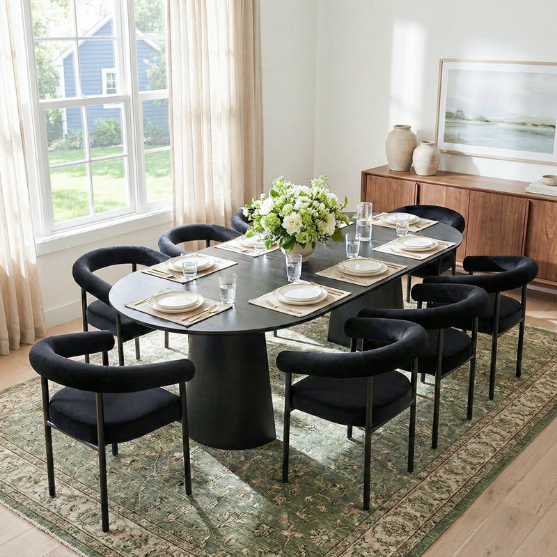 Ensemble de salle à manger extensible de 46 à 83 po avec base à double piédestal et fauteuils rembourrés en velours, Noir