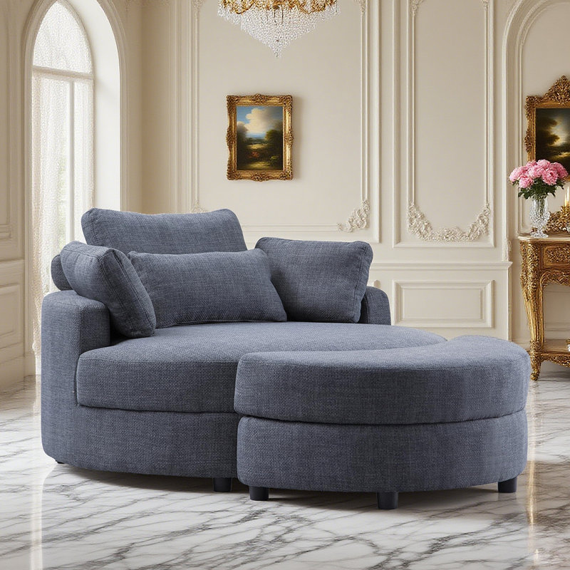 51.2-inch Round Sofa Made Of Linen Fabric, Paired With A Half-moon-shaped Storage Footrest - A Modern And Stylish Seating Design Suitable For Both Living Room And Bedroom, Featuring Both Practicality And Space-saving Features.
