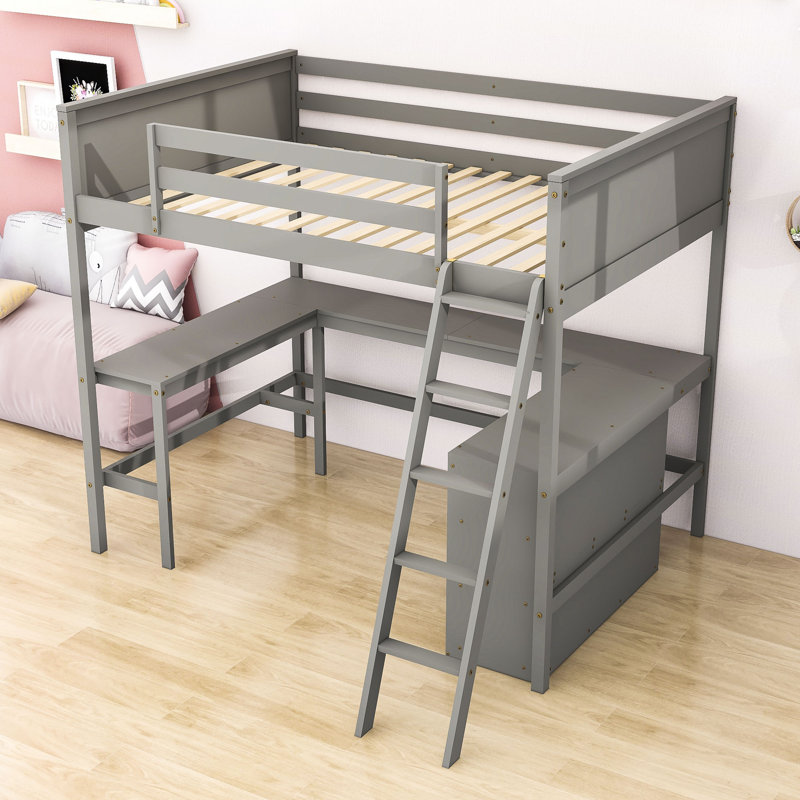 Wood Loft Bed With Desk And Shelves, Gray, Full