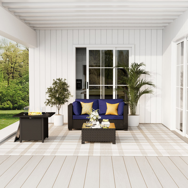 𝗡𝗼-𝗔𝘀𝘀𝗲𝗺𝗯𝗹𝘆 𝗖𝗵𝗮𝗶𝗿𝘀, 2-Person Patio Furniture Set Wicker Outdoor Sectional Seating Group Outside Conversation Sofa With Fire Pit