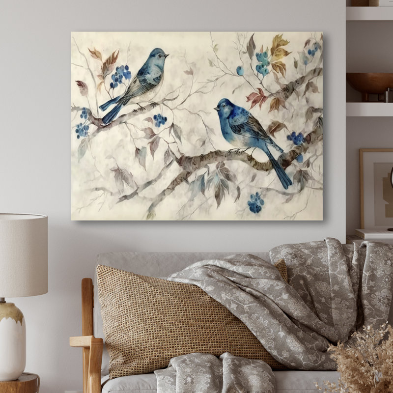 Deux oiseaux bleus assis sur une branche, aquarelle II - reproduction sur toile, H 12 po x l 20 po x P 1 po, Toile tendue