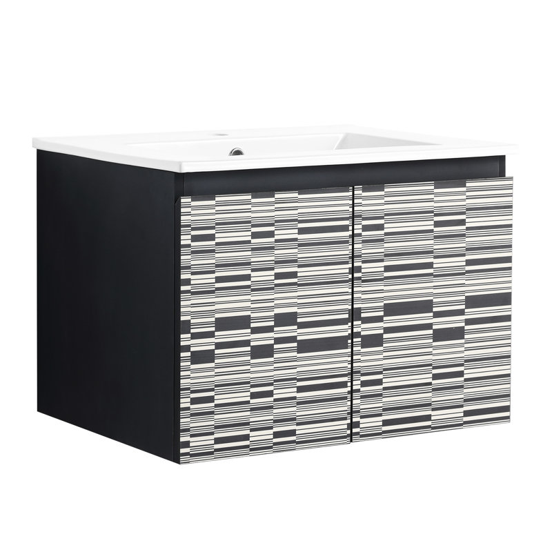 Meuble-lavabo de salle de bain avec lavabo en céramique. 24 po. Porte à fermeture en douceur. Contemporain. Contreplaqué. Noir Augmente le rangement et le look moderne brillant. Améliore la classe
