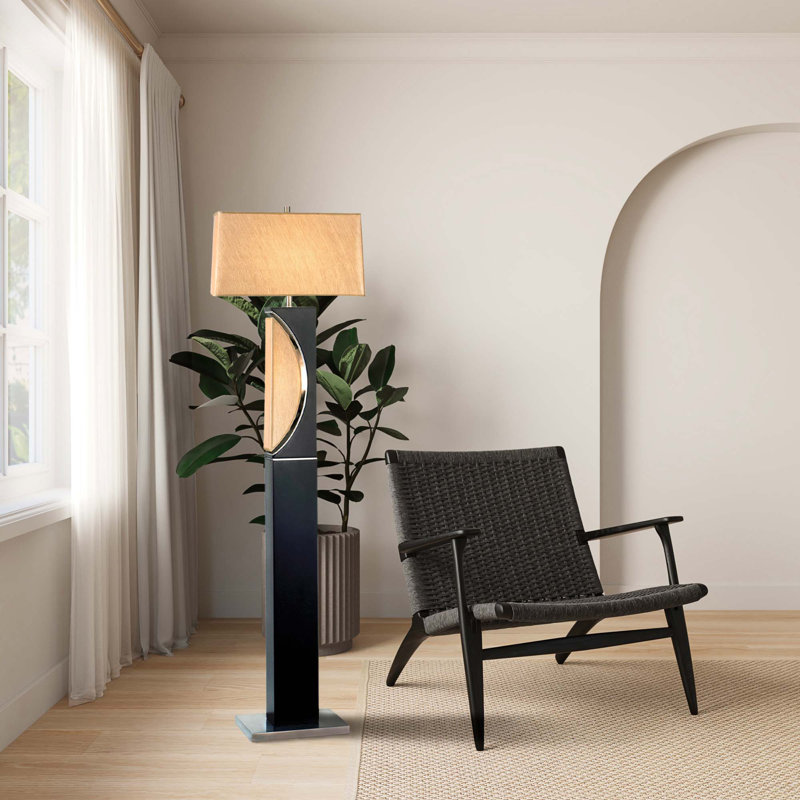 Half Moon Floor Lamp with Nightlight Feature, Etruscan Linen Shade, 4-Way Rotary Switch, LED Compatible, Modern Mid-Century Design