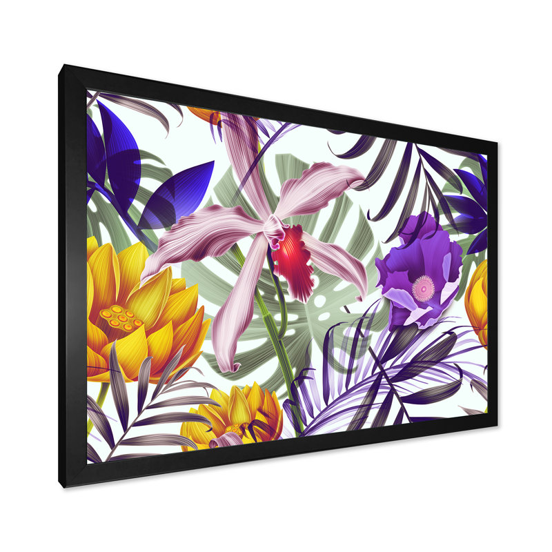 Fleurs tropicales rétro - Impression sur toile, H 12 po x l 20 po x p 1 po, Cadre photo noir