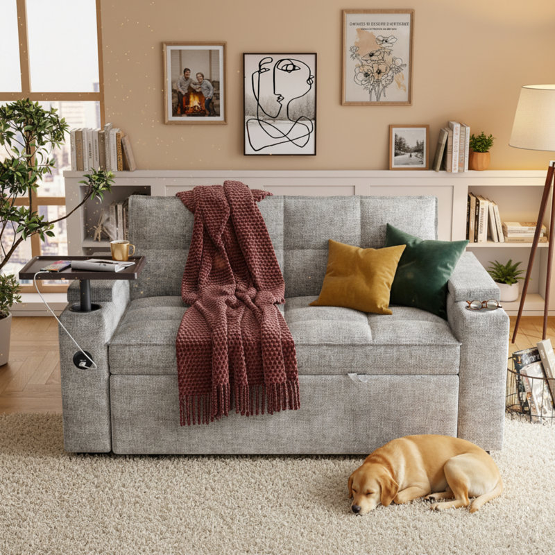 65" Convertible Sleeper Sofa With Pull-Out Bed, Loveseat Sofa Bed with Adjustable Backrest & 360° Swivel Side Table, Gray