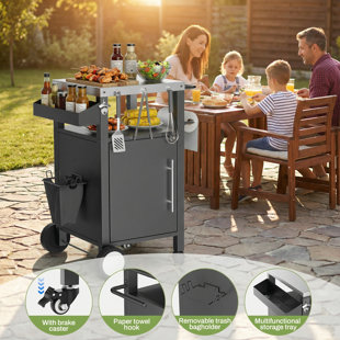 Outdoor Grill Cart with Patio Furniture, Outdoor Grill Table with Storage,Rolling Bar Cart Outdoor BBQ Cart with Hooks and Spice Rack for Grilling Accessories(Single Door, Black)