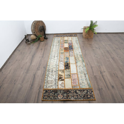 Vintage Wool Rug, 32.3x102.4 Inch Beige Patchwork Runner