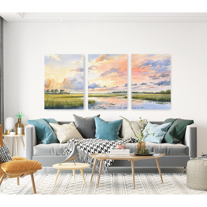 «Pastel Marsh Sunset», ensemble de 3 affiches ou toiles, reproduction d'art aquarelle côtière, Toile tendue