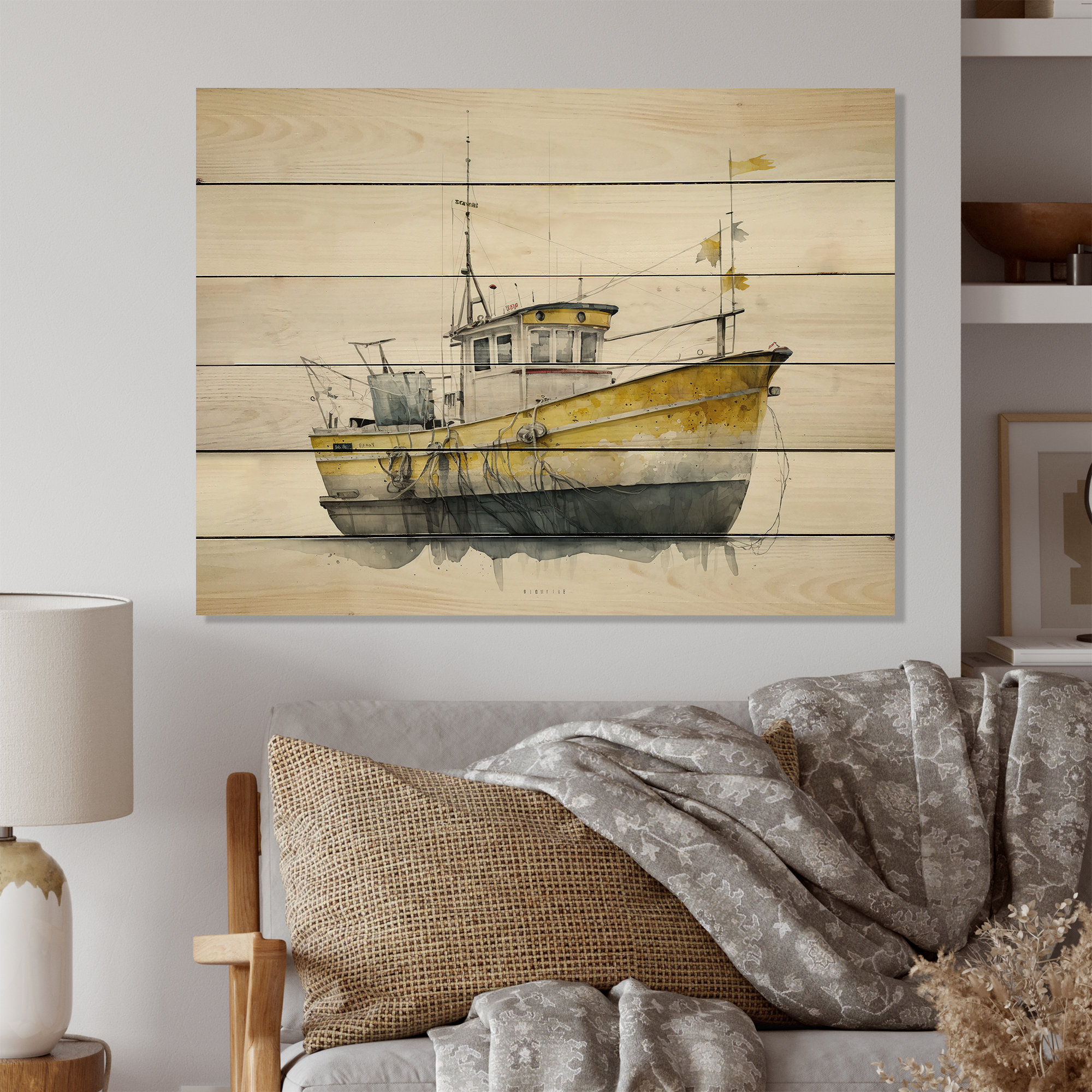 Gold Modern Fishing Boat I - Unframed Print On Metal Breakwater Bay Size: 32 H x 16 W x 1 D