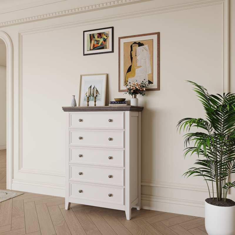 5-Drawer Dresser – Modern Farmhouse Storage Chest for Bedroom or Home Office, White/Brown