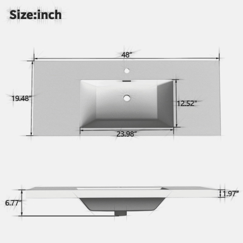 Lavabo de 48 po en résine pour meuble-lavabo, avec lavabo simple encastré rectangulaire, trou de robinet simple, comptoir de meuble-lavabo seulement