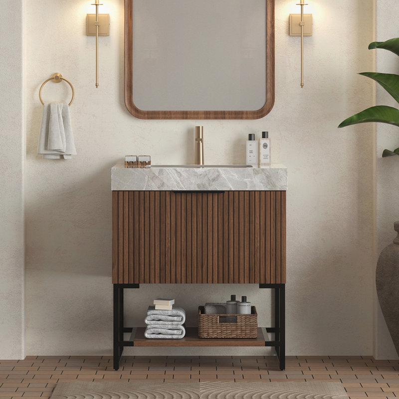 Meuble-lavabo autoportant en contreplaqué rayé avec tiroir 30 po, Noyer, 30", Gris clair